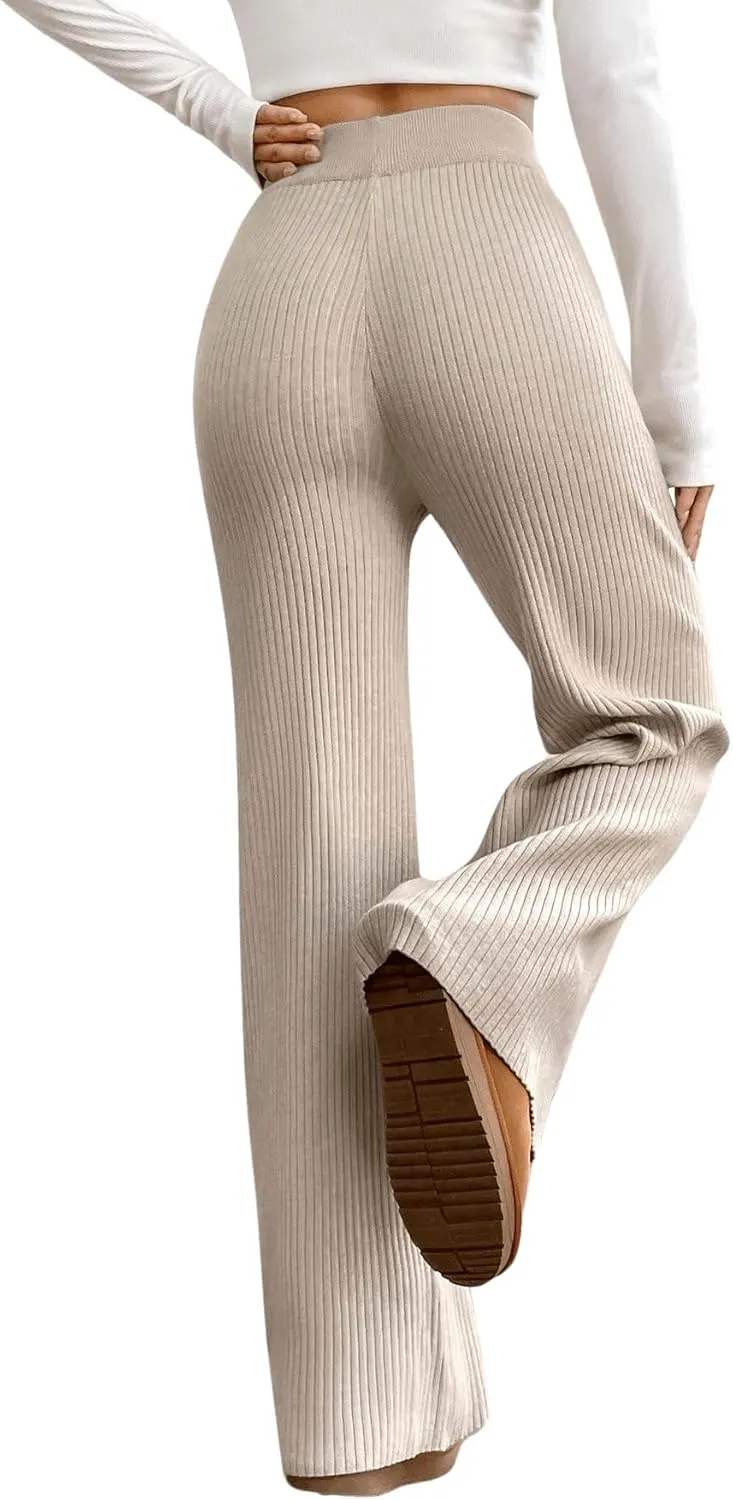 MakeMeChic Women's Wide Leg Pants Ribbed Knit High Waist Casual Lounge Pants