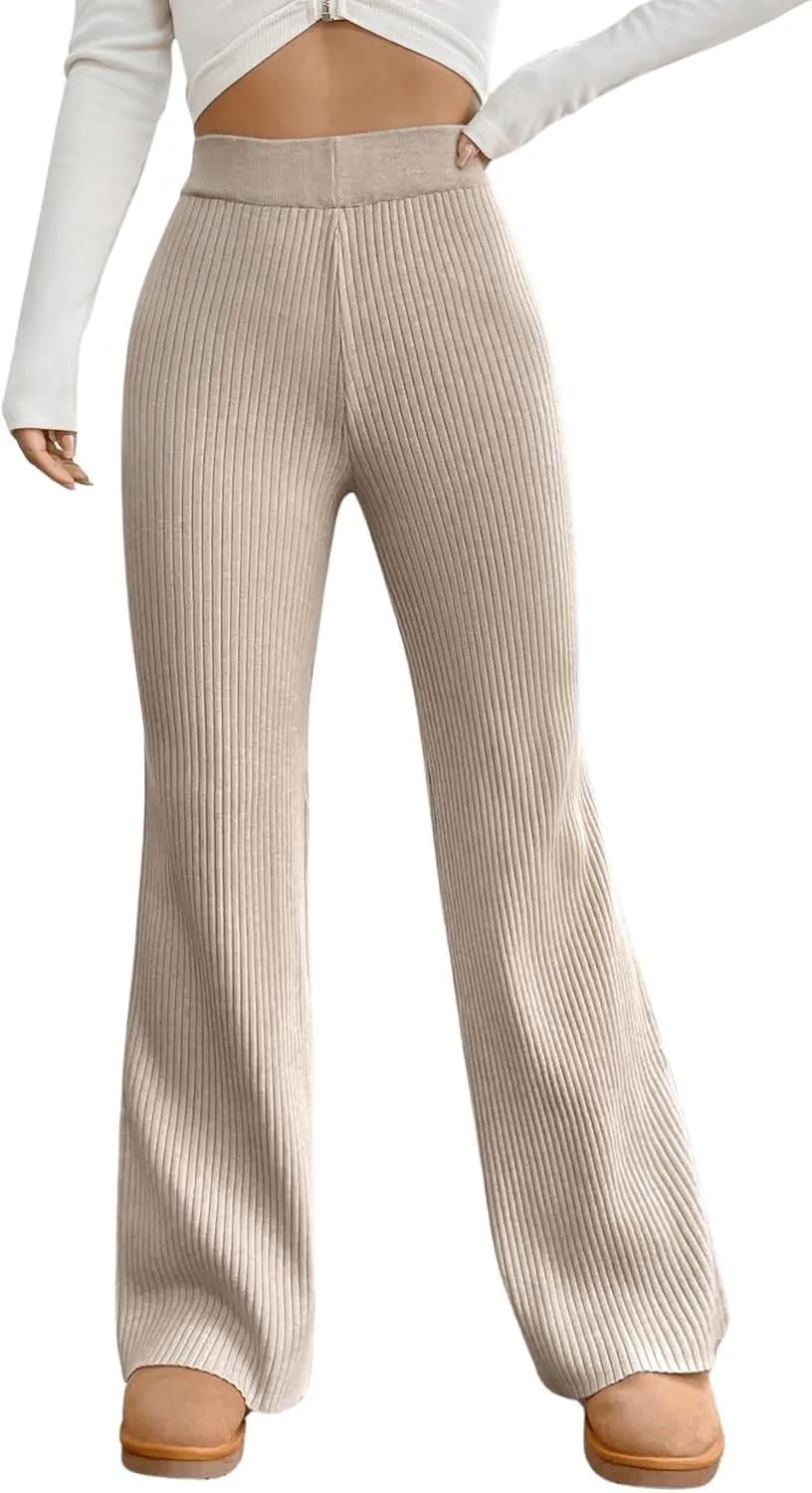 MakeMeChic Women's Wide Leg Pants Ribbed Knit High Waist Casual Lounge Pants