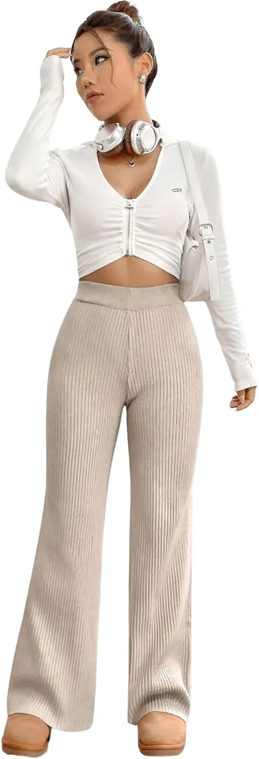 MakeMeChic Women's Wide Leg Pants Ribbed Knit High Waist Casual Lounge Pants