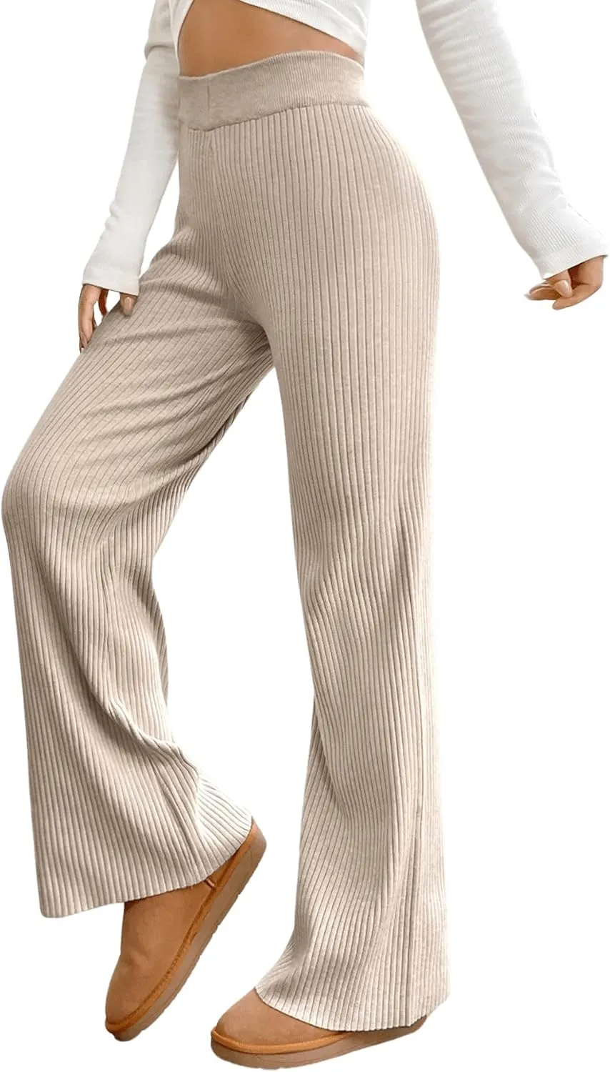 MakeMeChic Women's Wide Leg Pants Ribbed Knit High Waist Casual Lounge Pants