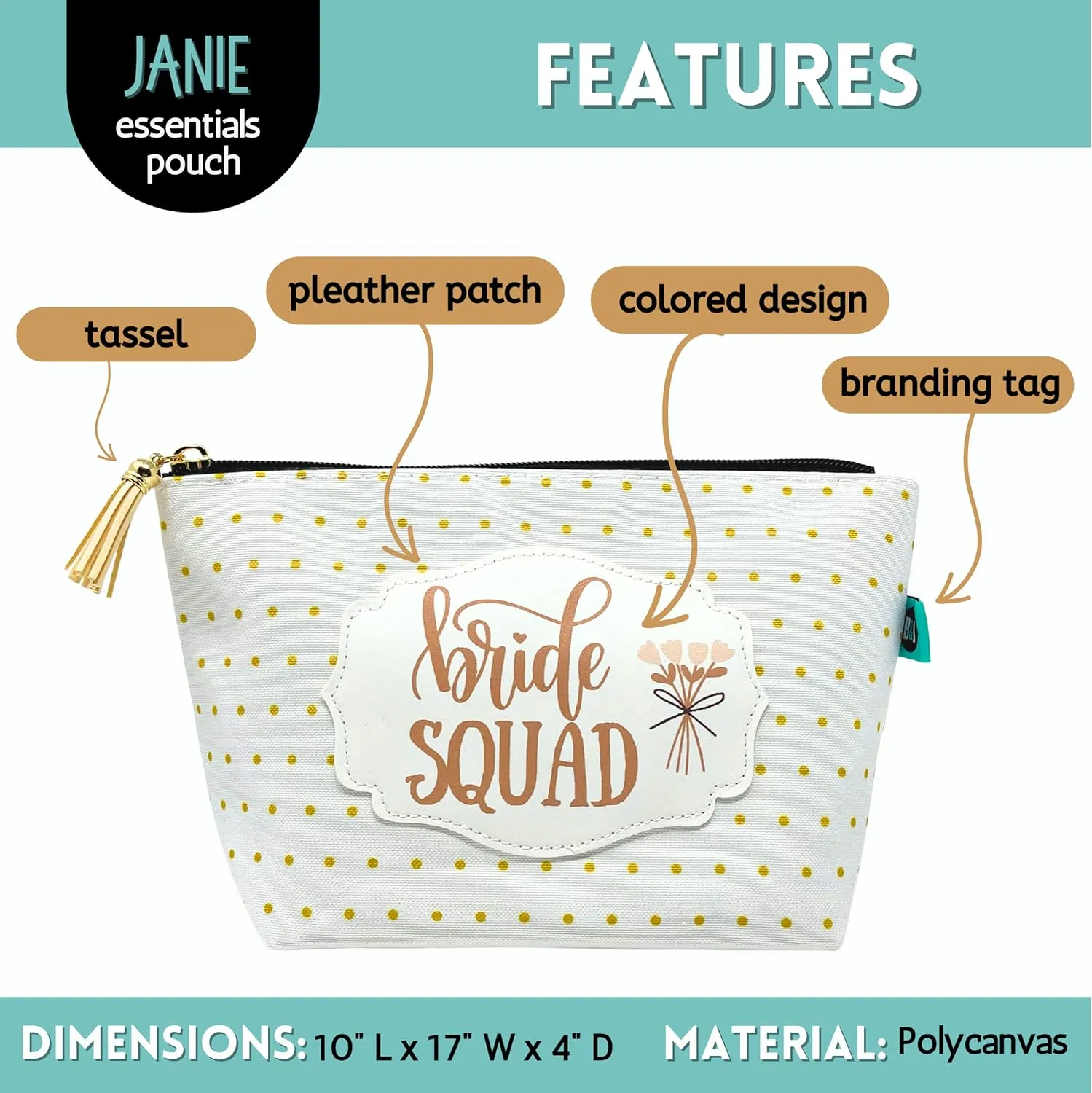 Makeup Bag for Women - Stylish Gold Dotted Cosmetic Pouch & Travel Toiletry Bag with Zipper - Perfect Wedding Party, Bride Squad, Bridesmaid Gift - Cute & Functional Organizer for Makeup & Accessories
