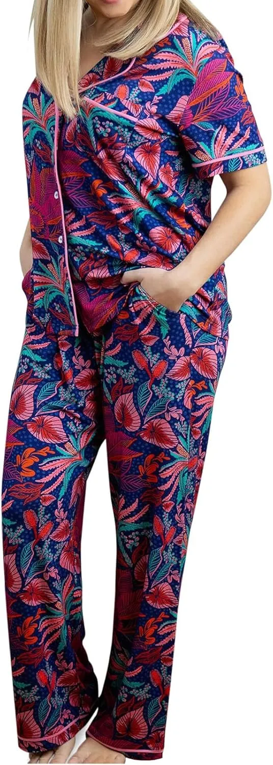 Mary Square Women's Charlotte Style Short Sleeve Button Up and Pant Pajama Set, Hot Tropic Navy