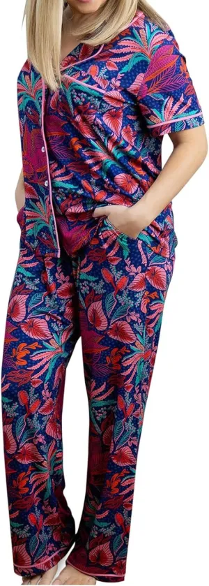 Mary Square Women's Charlotte Style Short Sleeve Button Up and Pant Pajama Set, Hot Tropic Navy