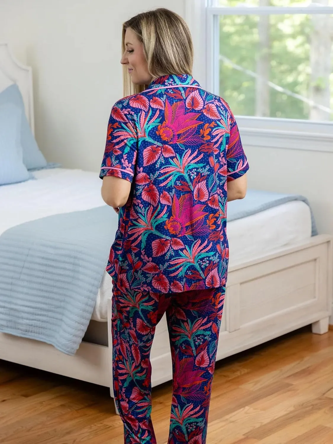 Mary Square Women's Charlotte Style Short Sleeve Button Up and Pant Pajama Set, Hot Tropic Navy