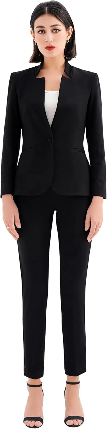 Marycrafts Women's Professional Stand Up Collar Blazer Pant Suits 2 Piece Set Business