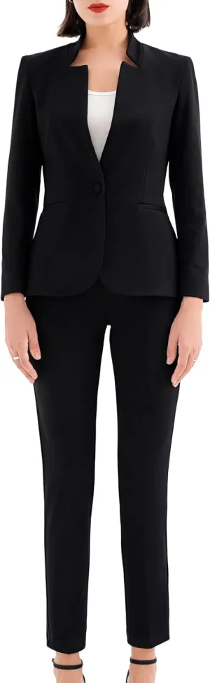 Marycrafts Women's Professional Stand Up Collar Blazer Pant Suits 2 Piece Set Business