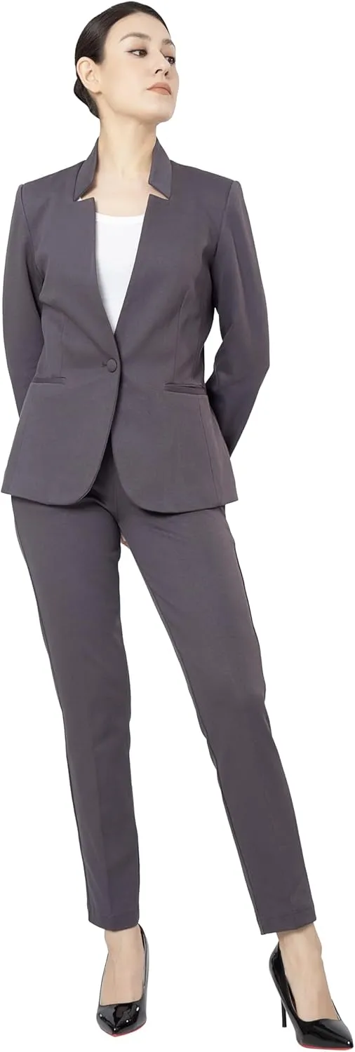 Marycrafts Women's Professional Stand Up Collar Blazer Pant Suits 2 Piece Set Business