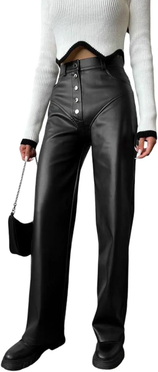 Melliflo Women's High Waist Leather Pants Loose Straight Leg Button Pants Casual PU Trousers