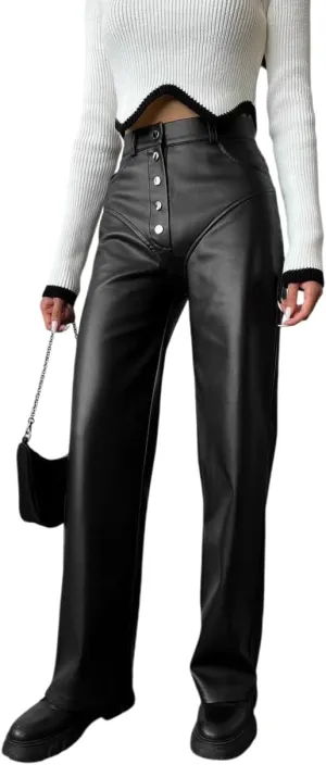 Melliflo Women's High Waist Leather Pants Loose Straight Leg Button Pants Casual PU Trousers