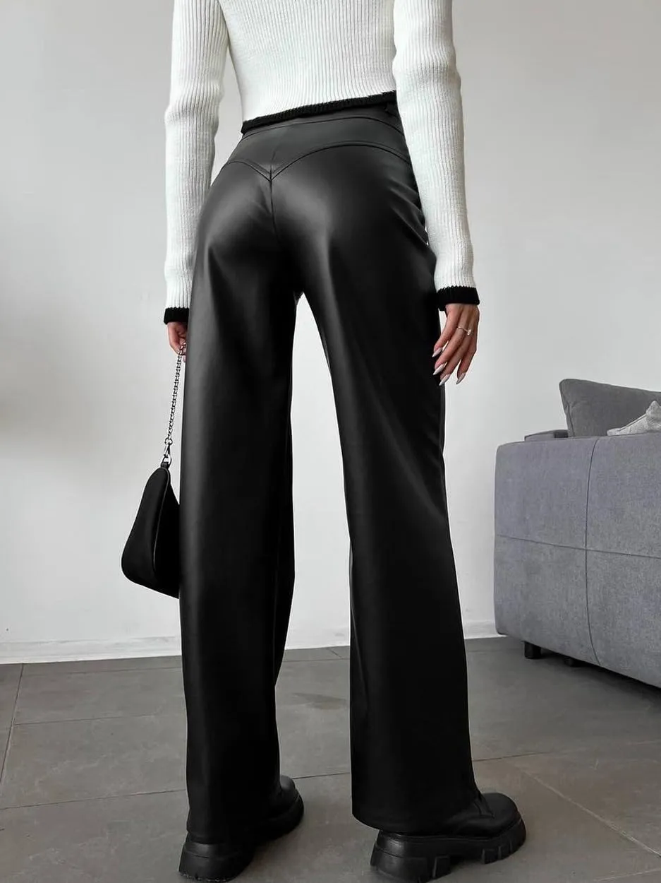Melliflo Women's High Waist Leather Pants Loose Straight Leg Button Pants Casual PU Trousers