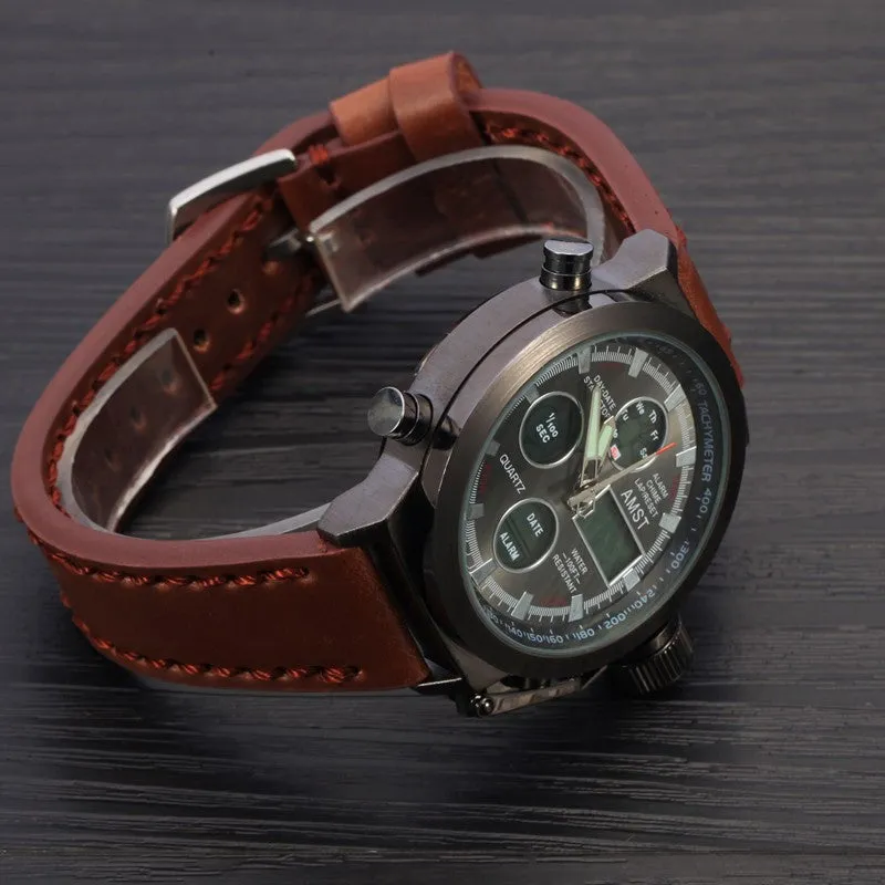 Men Sport Military Watch AMST Brand Dive LED Watches Genuine Leather Quartz Watch Men Wristwatches