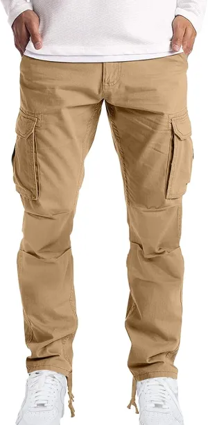 Men's Causal Cotton Cargo Pants,Loose-Fit Comfy Classic Lightweight Daily Wear with Multi-Pocket Athletic Joggers