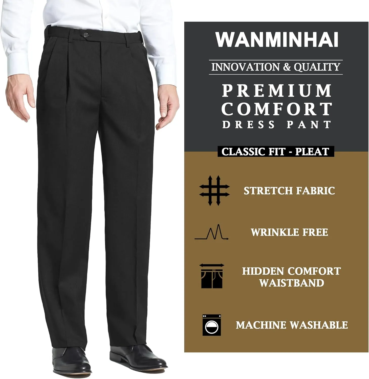 Men's Classic Fit Flat Front Dress Pants Expandable Waist Wrinkle Free Suit Pants for Men