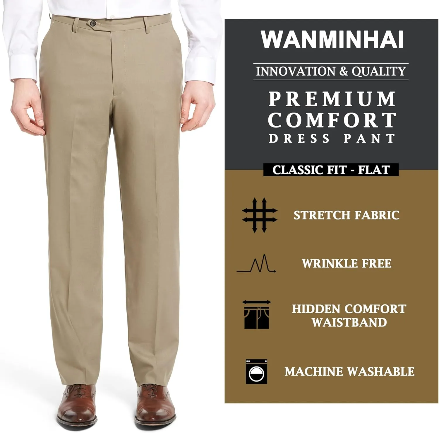 Men's Classic Fit Flat Front Dress Pants Expandable Waist Wrinkle Free Suit Pants for Men