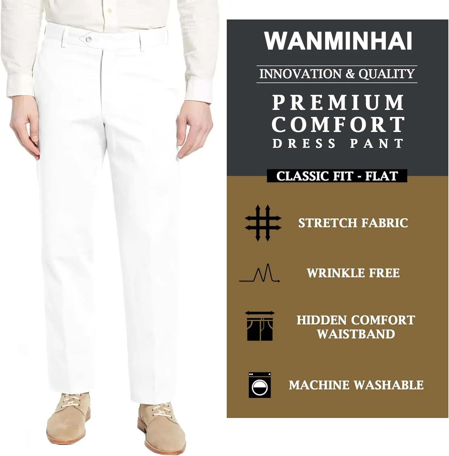 Men's Classic Fit Flat Front Dress Pants Expandable Waist Wrinkle Free Suit Pants for Men