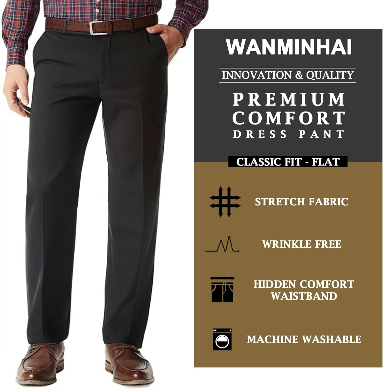 Men's Classic Fit Flat Front Dress Pants Expandable Waist Wrinkle Free Suit Pants for Men