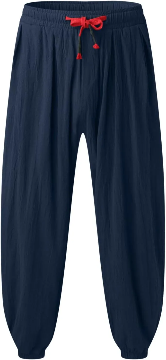 Mens Linen Beach Pants Big Tall Elastic Classic Waist Lounge Beach Pants Summer Casual Straight Leg Dress Trouser