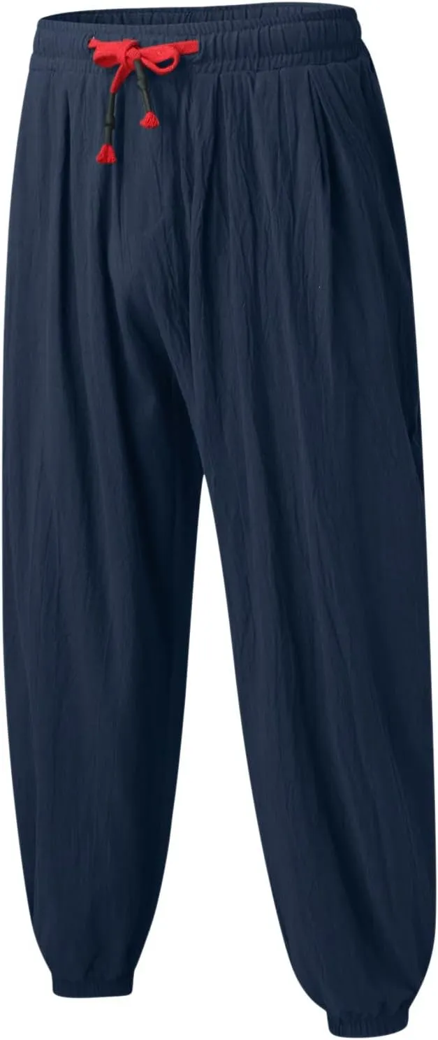 Mens Linen Beach Pants Big Tall Elastic Classic Waist Lounge Beach Pants Summer Casual Straight Leg Dress Trouser