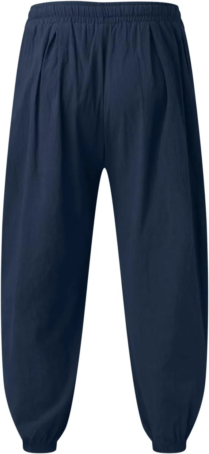 Mens Linen Beach Pants Big Tall Elastic Classic Waist Lounge Beach Pants Summer Casual Straight Leg Dress Trouser