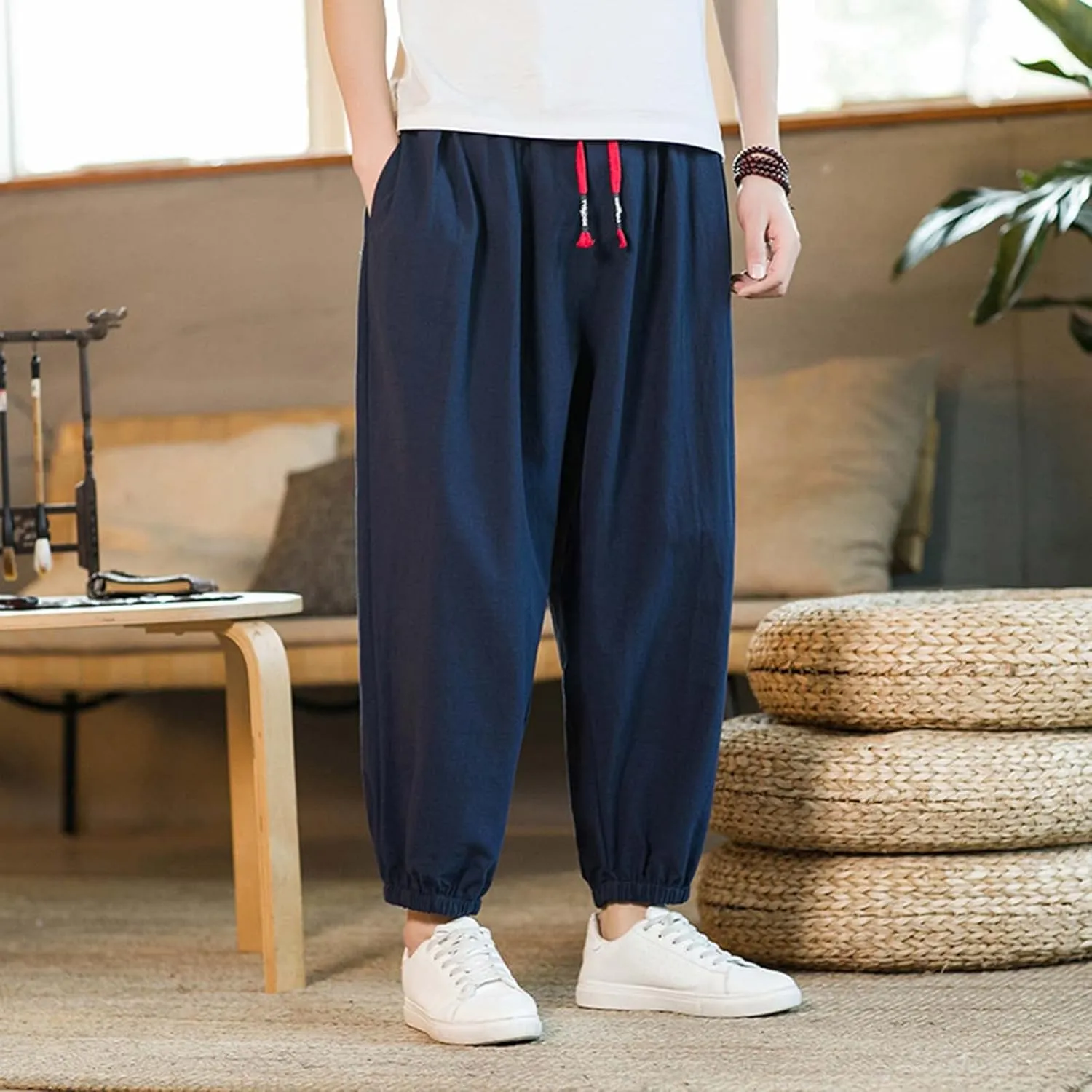 Mens Linen Beach Pants Big Tall Elastic Classic Waist Lounge Beach Pants Summer Casual Straight Leg Dress Trouser