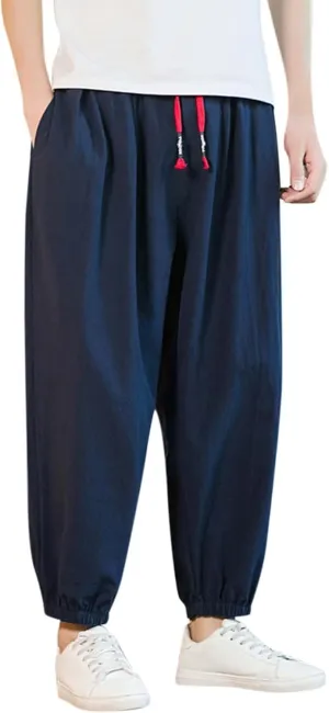 Mens Linen Beach Pants Big Tall Elastic Classic Waist Lounge Beach Pants Summer Casual Straight Leg Dress Trouser
