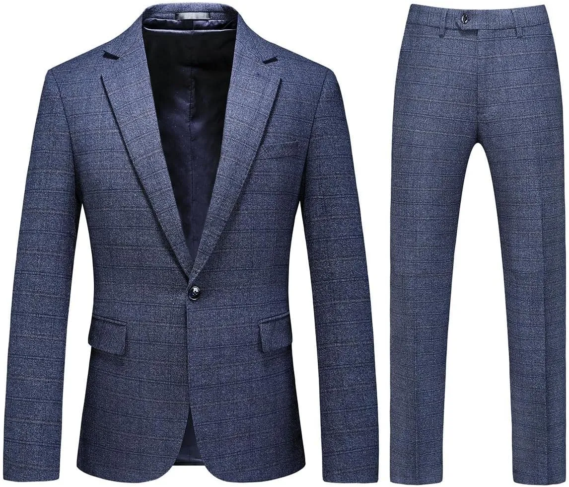 Mens Plaid Suit Tweed Slim Fit 2 Piece Casual Suits for Men One Button Tuxedo Suits Set Blazer Jacket & Pants Set