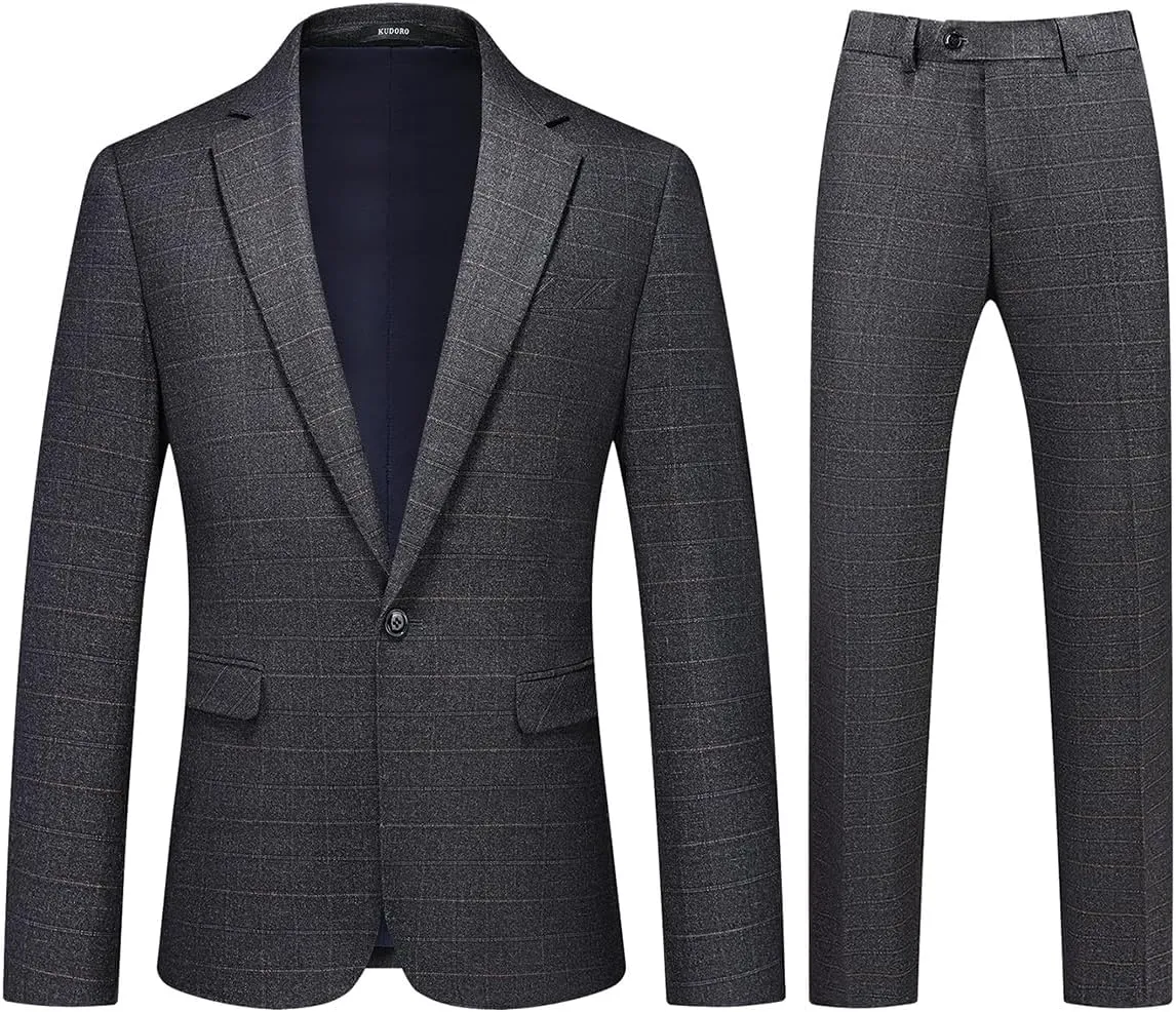 Mens Plaid Suit Tweed Slim Fit 2 Piece Casual Suits for Men One Button Tuxedo Suits Set Blazer Jacket & Pants Set