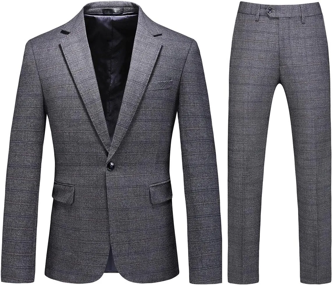 Mens Plaid Suit Tweed Slim Fit 2 Piece Casual Suits for Men One Button Tuxedo Suits Set Blazer Jacket & Pants Set