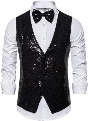 Men's Shiny Sequin Vest V-Neck Regular-Fit Party Dress Suit Waistcoat Bowtie 2 Pieces