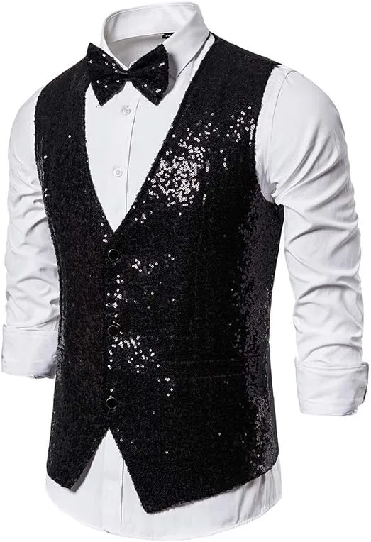 Men's Shiny Sequin Vest V-Neck Regular-Fit Party Dress Suit Waistcoat Bowtie 2 Pieces