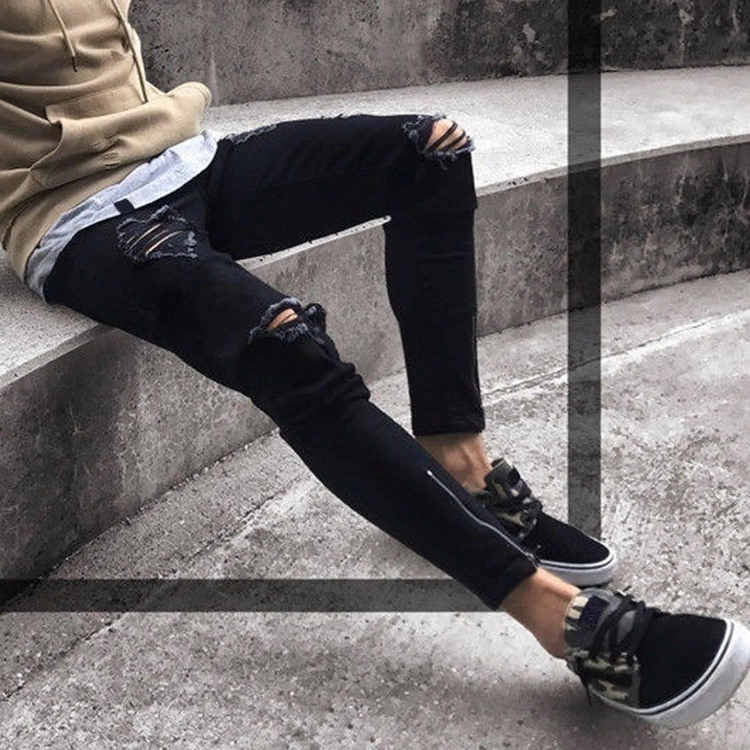 Men's Slim-fit Ripped Denim Pants Classic Casual Biker Jeans Pants Distressed Destroyed Trousers