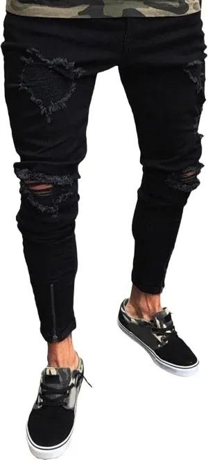 Men's Slim-fit Ripped Denim Pants Classic Casual Biker Jeans Pants Distressed Destroyed Trousers