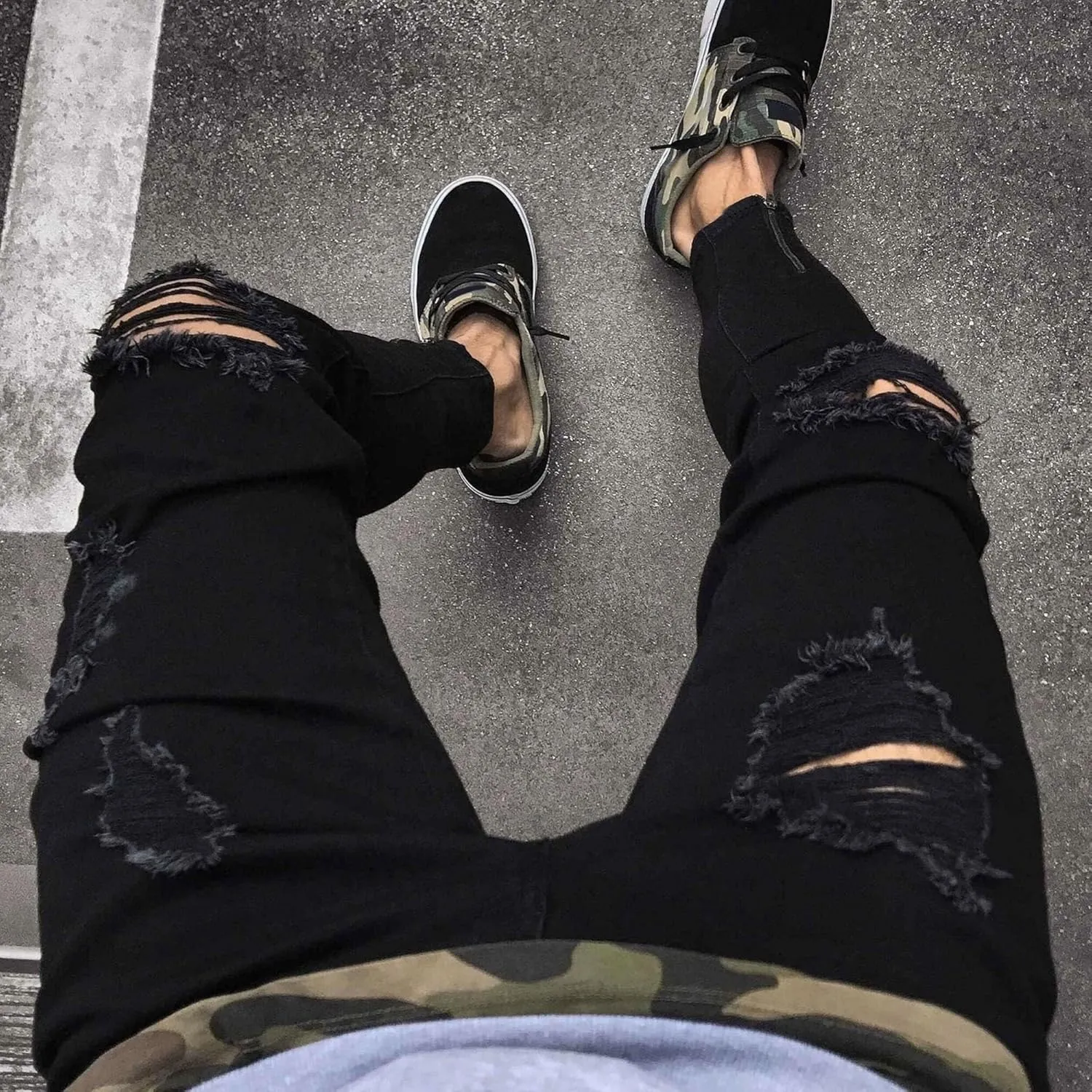 Men's Slim-fit Ripped Denim Pants Classic Casual Biker Jeans Pants Distressed Destroyed Trousers