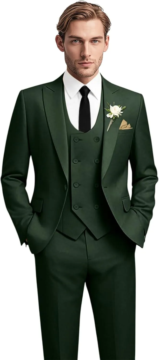 Mens Slim Fit Suit 3 Piece Solid Double-Breasted Casual Business Blazer Set for Weddings Party Tuxedo Jacket Pants