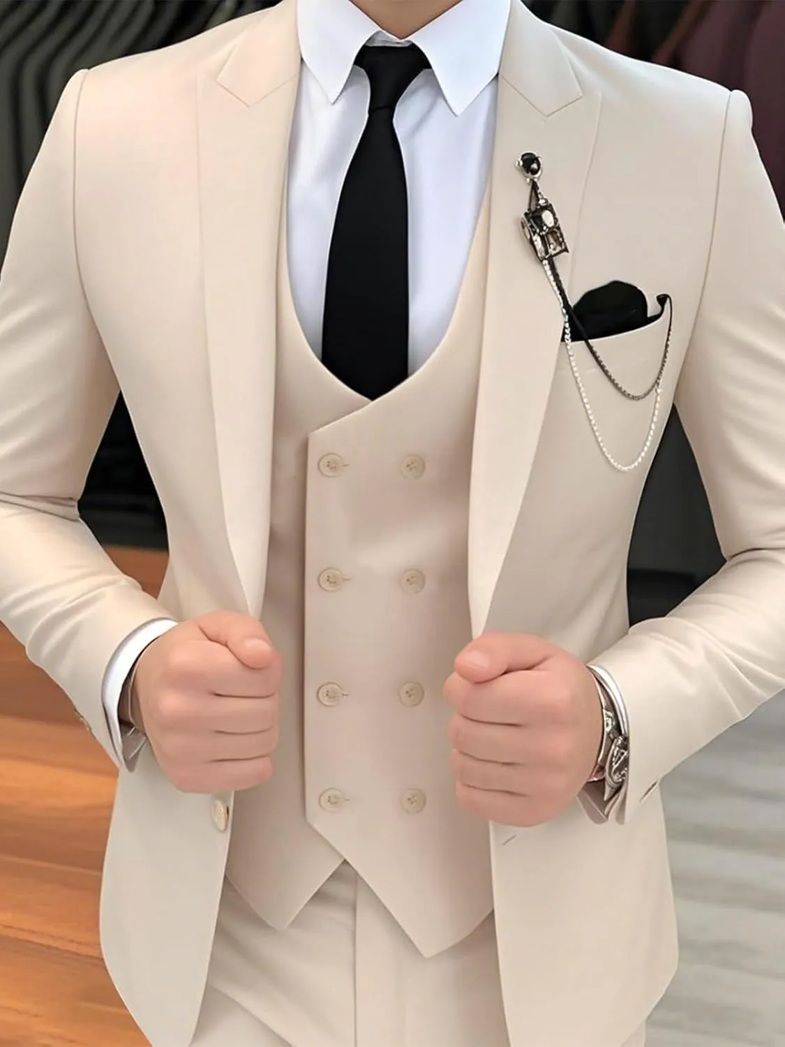Mens Slim Fit Suit 3 Piece Solid Double-Breasted Casual Business Blazer Set for Weddings Party Tuxedo Jacket Pants
