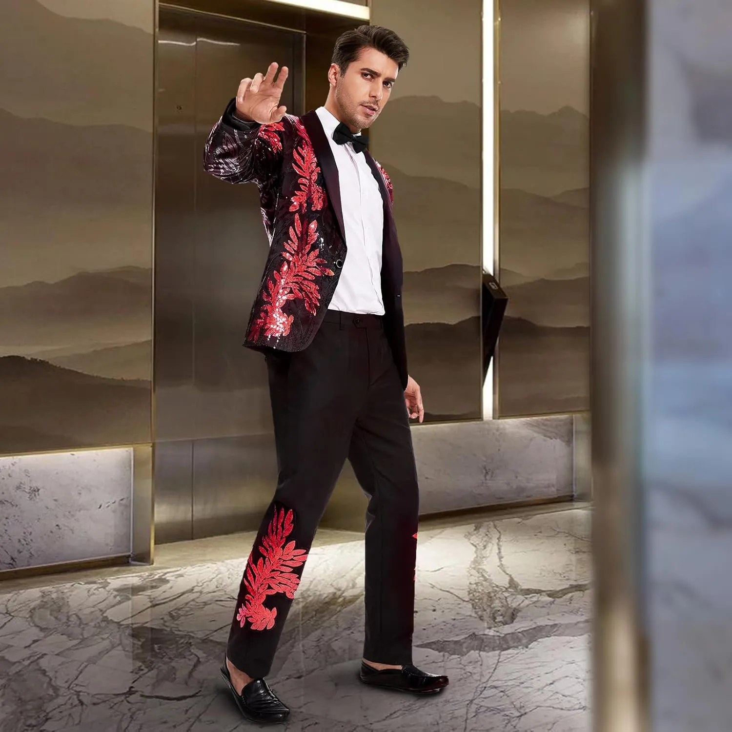 Men's Suit 2 Pieces Blazer and Pants Black with Gold Applique Fit for Wedding Prom