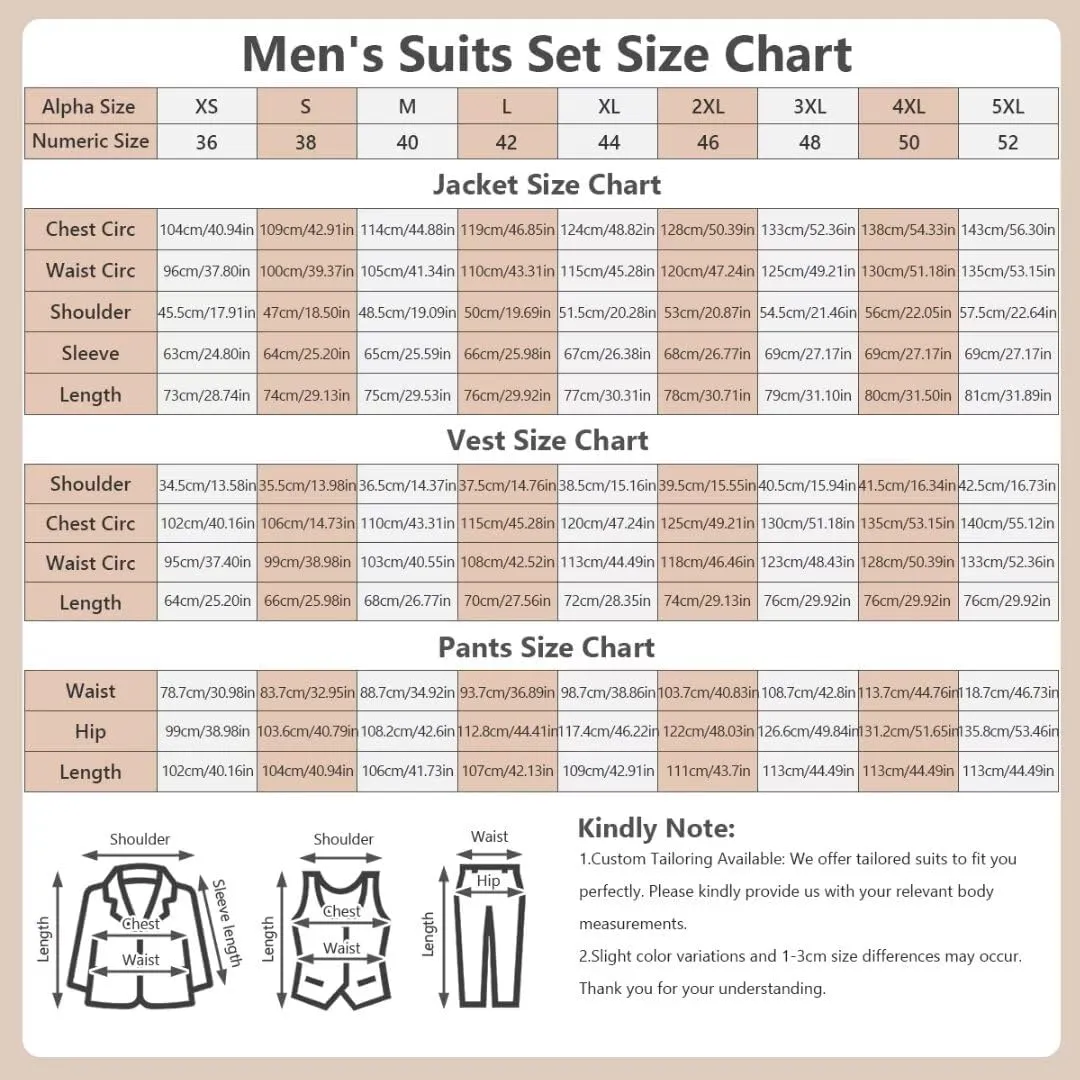 Men's Suit 3 Piece Slim Fit Men Tuxedo Suit for Party Wedding Prom Business 2 Button Solid Blazer Jacket Vest Pants Set