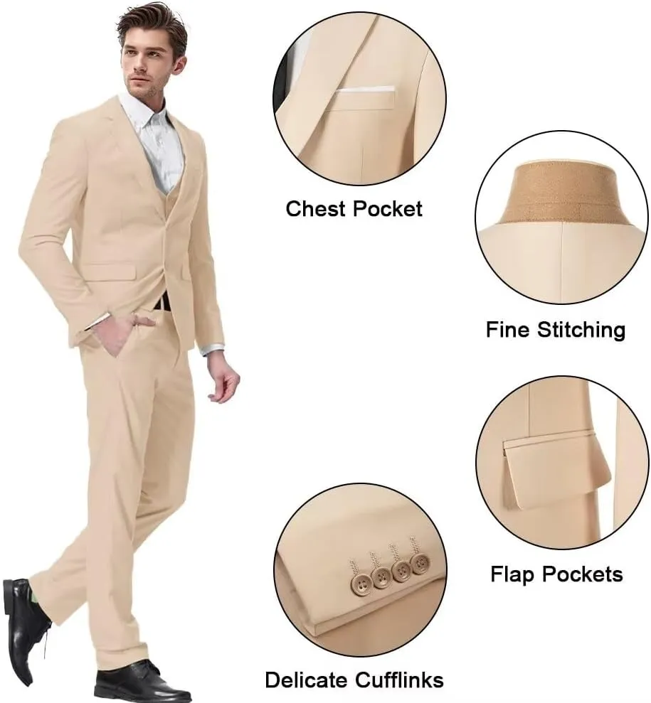 Men's Suit 3 Piece Slim Fit Men Tuxedo Suit for Party Wedding Prom Business 2 Button Solid Blazer Jacket Vest Pants Set