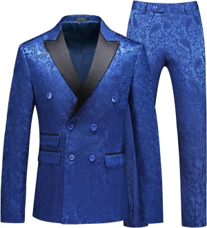 MOGU Mens 2 Piece Double Breasted Tuxedo Slim Fit Jacquard Floral Vintage Groomsmen Wedding Prom Suit