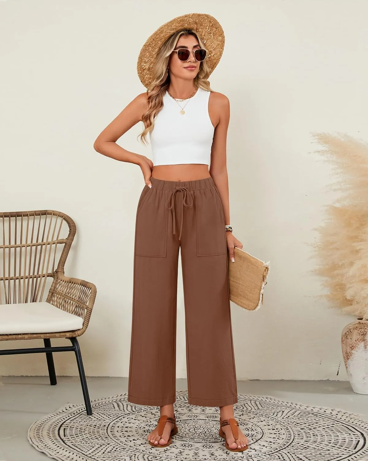 Neer 2 Pack Womens Linen Pants with Pocket, Casual Summer Drawstring Beach Pants High Waisted Wide Leg Loose Palazzo Trouser