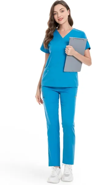 niaahinn Classic Scrub Set for Women - V-Neck Scrub Top & Stylish Scrub Jogger Pants with Multi Pocket Medical Uniform