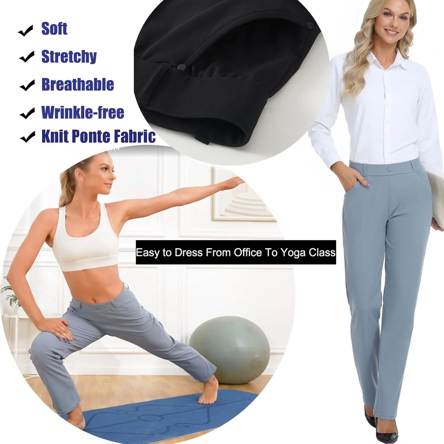 Oalka Women's Dress Pants Straight Leg Yoga Work Stretchy Pant for Office Business