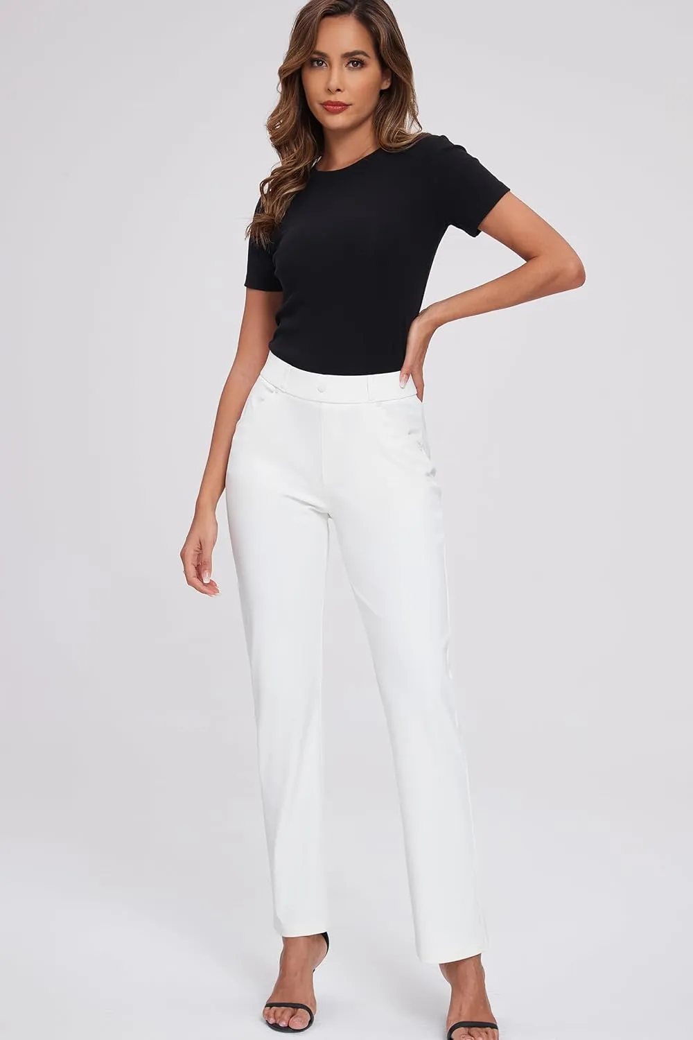 Oalka Women's Dress Pants Straight Leg Yoga Work Stretchy Pant for Office Business