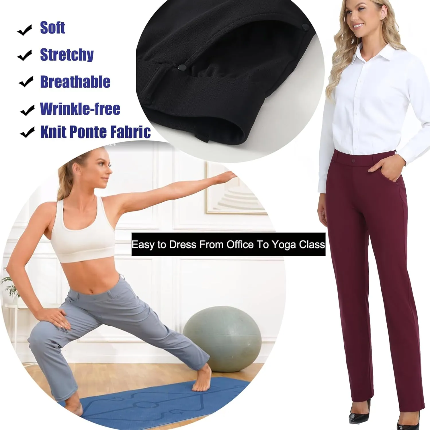 Oalka Women's Dress Pants Straight Leg Yoga Work Stretchy Pant for Office Business