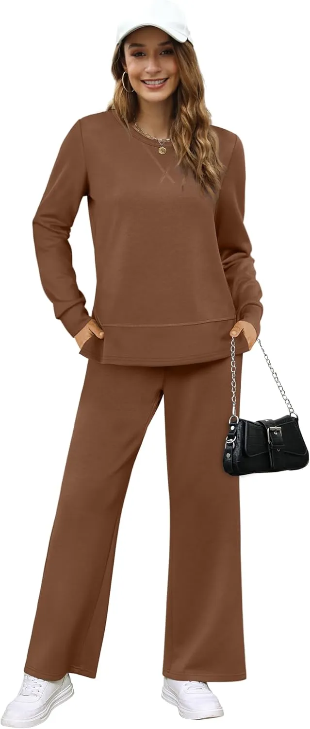 OFEEFAN Women's 2 Piece Lounge Set Travel Airport Outfits Side Slit Tracksuit Wide Leg Loungewear Baggy Comfy Sweatsuit S-3XL
