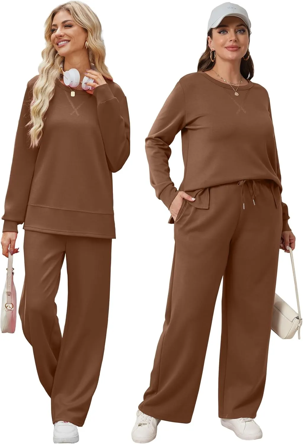 OFEEFAN Women's 2 Piece Lounge Set Travel Airport Outfits Side Slit Tracksuit Wide Leg Loungewear Baggy Comfy Sweatsuit S-3XL