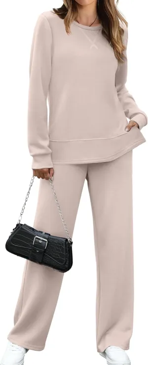 OFEEFAN Women's 2 Piece Lounge Set Travel Airport Outfits Side Slit Tracksuit Wide Leg Loungewear Baggy Comfy Sweatsuit S-3XL