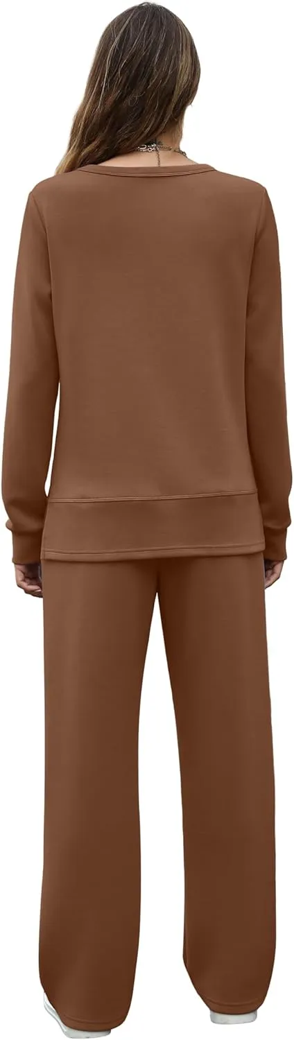 OFEEFAN Women's 2 Piece Lounge Set Travel Airport Outfits Side Slit Tracksuit Wide Leg Loungewear Baggy Comfy Sweatsuit S-3XL