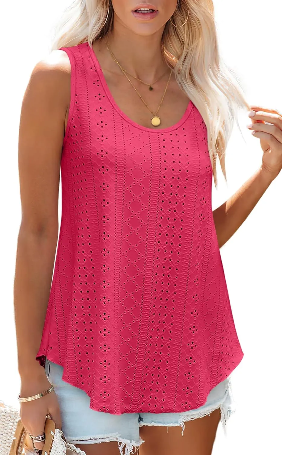 OFEEFAN Womens Tank Tops Sleeveless Eyelet Embroidery Scoop Neck Loose Fit Casual Summer Flowy