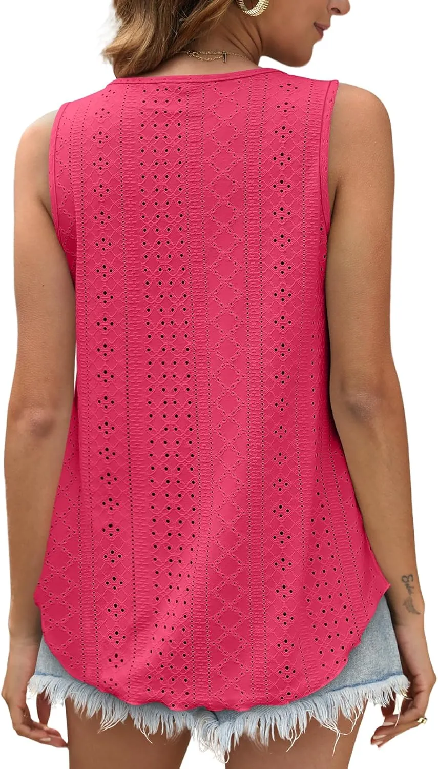 OFEEFAN Womens Tank Tops Sleeveless Eyelet Embroidery Scoop Neck Loose Fit Casual Summer Flowy